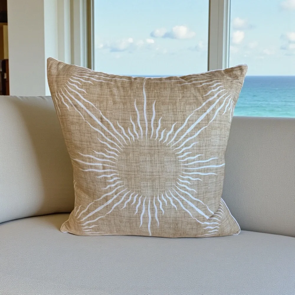 Low Country Linens Natural Sunburst Accent Linen Blend  Pillow Cover 22” Square